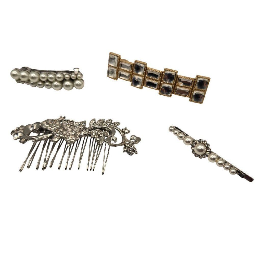 Vintage Lot of 4 Hair Accessories Barrettes Comb Bobby Pin Silver Rhinestone Pea